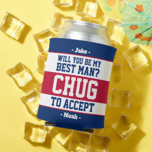 Best Man Proposal Chug to Accept Red White & Blue Can Cooler
