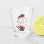 Best Man Red Rose Wedding Date Monogrammed Shot Gl Shot Glass<br><div class="desc">Personalised shot glass for you to customise with your Best Man's monogram, the bride and groom's intials and the wedding date. The design features red roses, eucalyptus and greenery on a gold geometric diamond shaped frame. A lovely wedding keepsake gift for your wedding party. Please browse my store for bridesmaids,...</div>