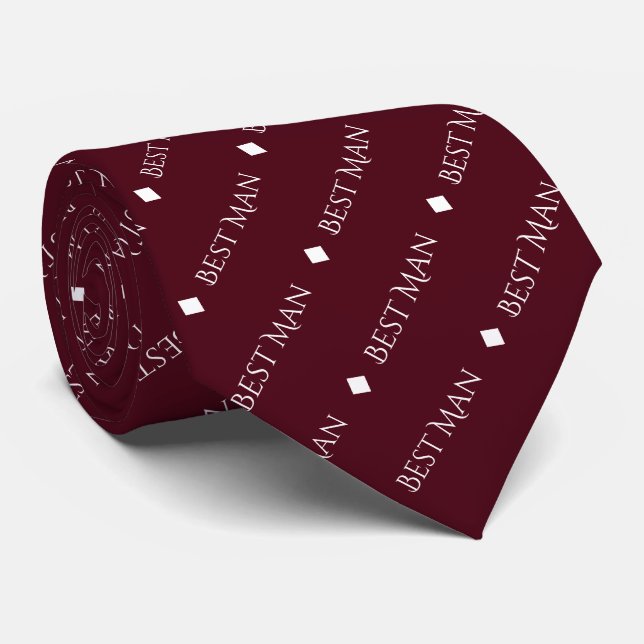Best Man Repeating White Text on Burgundy Tie (Rolled)