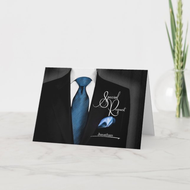 Best Man Request Tuxedo with Blue Tie Invitation (Front)