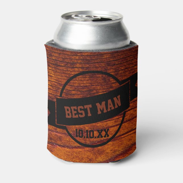 Best Man Rustic Wedding Wood Grain Photo Can Cooler (Can Back)