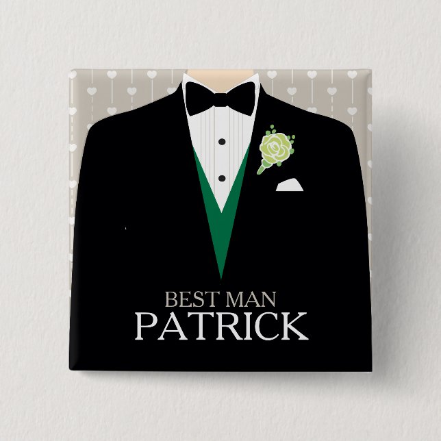 Best man tuxedo green rose personalised button (Front)