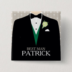 Best man tuxedo green rose personalised button