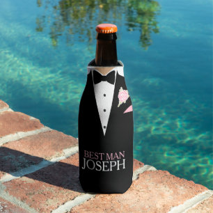 Best man tuxedo pink rose button custom name bottle cooler