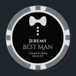 Best Man Wedding Favour Cute White Bow Tie Tuxedo Poker Chips<br><div class="desc">These poker chips are designed as a gift or favour for your best man. They feature a fun tuxedo design with a white bow tie and buttons on a black background. The text reads "Best Man" with his name, the names of the couple, and the wedding date. Great way to...</div>
