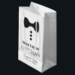Best Man Wedding Gift Bag with Black Tie - Small<br><div class="desc">This gift bag is designed for your Best Man. The design features black text and a black tie with buttons on a white background. Includes a space for his name as well as the name of the couple and the wedding date. Fill with gifts, favors, candy, booze, or any other...</div>