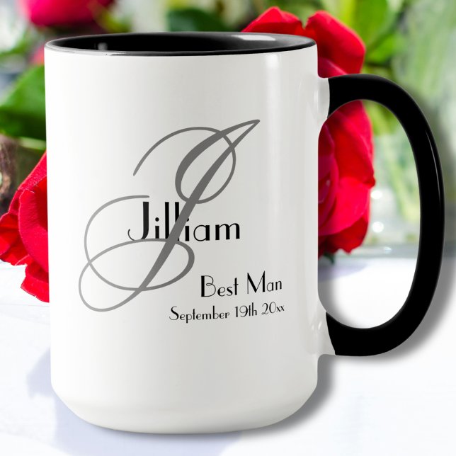 Best Man White Black Grey Monogram + Name + Date Mug (A Lovely Best Man Gift - White, Black & Gray Mug Design with Monogram, Name and Date.)