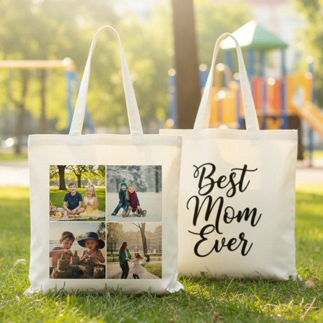 Best Mom Ever Black and White 4 Photo Collage Tote Bag (Creator Uploaded)