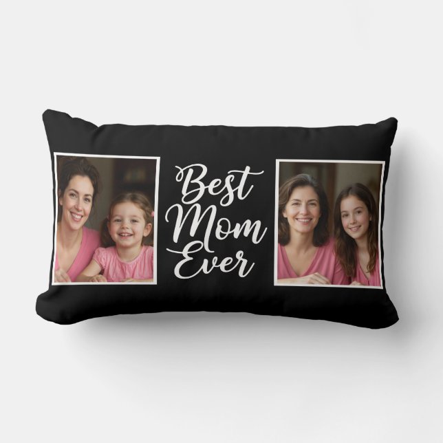 Best Mom Ever Black White Script 2 Photo Keepsake Lumbar Cushion (Front)