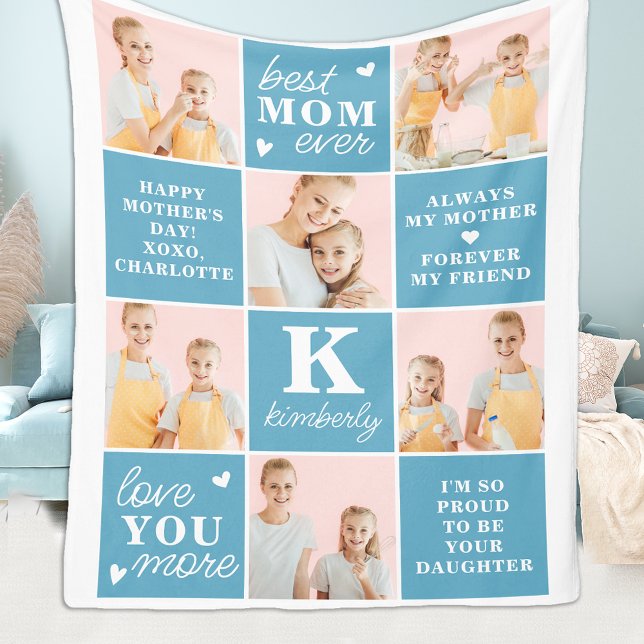 Best MOM Ever Custom 7 Photo Collage Mother's Day Fleece Blanket (Creator Uploaded)
