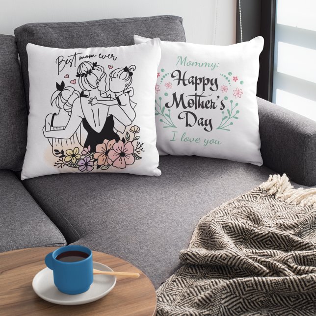 Best Mom Ever Custom Mother’s Day with Flowers  Cushion (Best Mom ever mum, custom children and flowers Throw Pillow)