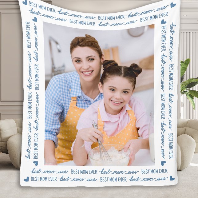 Best MOM Ever Cute Modern Photo Blue Mother's Day Fleece Blanket (Creator Uploaded)