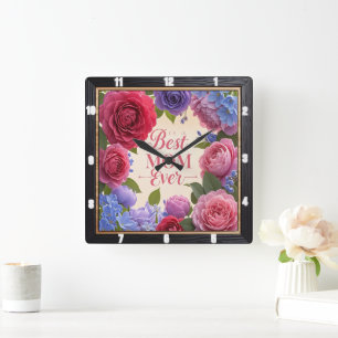 Best Mom Ever Floral Square Wall Clock