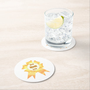 Best mom ever Golden winner award ribbon Round Paper Coaster