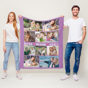 BEST MOM EVER Hearts 10 Photo Collage Lavender Fleece Blanket