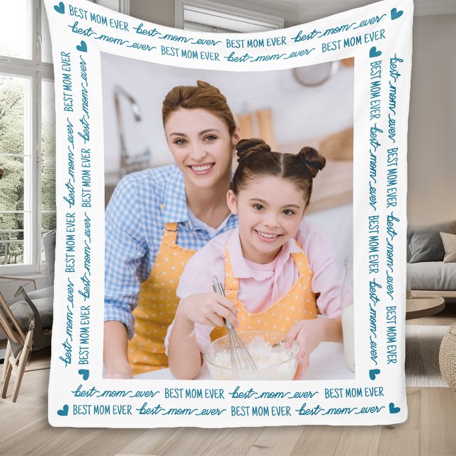 Best MOM Ever Personalised Modern Photo Fleece Blanket (Creator Uploaded)