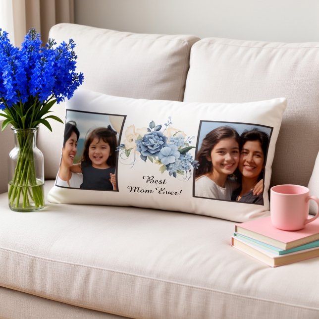 Best Mom Ever Personalized 2 Photo Floral Lumbar Cushion (Creator Uploaded)