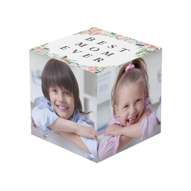 BEST MOM EVER Pink Floral Photo Collage Cube (Front Angled)