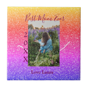 Best mom ever pink photo mother's day year yellow ceramic tile