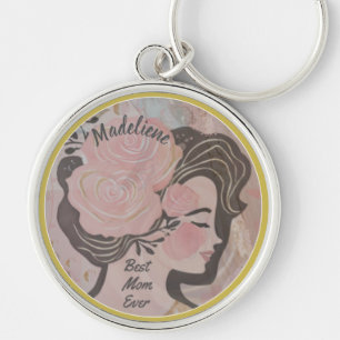 Best Mom Ever Pretty Flowers Gold Frame Round Name Key Ring