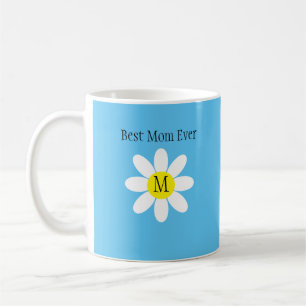 Best Mom Ever White Daisy Sky Blue Single Initial  Coffee Mug