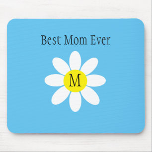 Best Mom Ever White Daisy Sky Blue Single Initial  Mouse Pad
