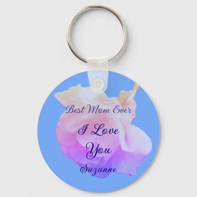 Best Mom Ever White Rose Personalized Key Ring (Front)