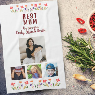 Best Mom Flowers 4 Photo Collage Keepsake  Tea Towel