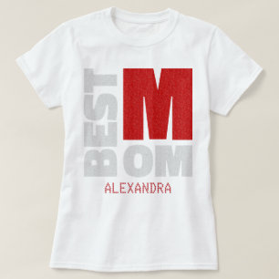 Best Mom Red Silver Glitter Name Customized T-Shirt