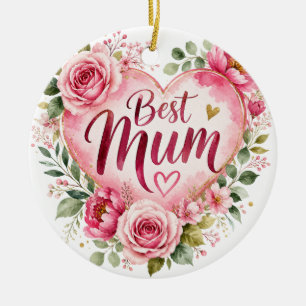 Best Mom Watercolor Floral Heart Design Ceramic Ornament