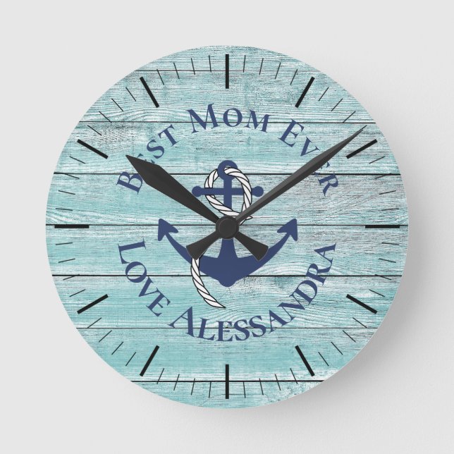 Best Mother 3 Photo Blue Watercolor Sea Turtle  Round Clock (Front)