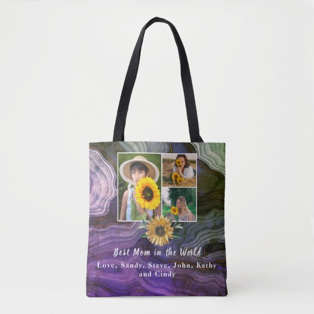 Best Mother 3 Photo Collage Boho Purple Marble Tote Bag (Front)