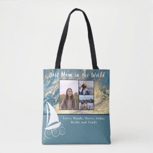 Best Mother 3 Photo Modern Blue Sailboat Tote Bag