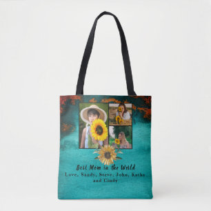 Best Mother 3 Photo Turquoise Collage Marble Tote Bag
