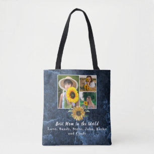 Best Mother Ever 3 Photo Collage Blue Marble Tote  Bag
