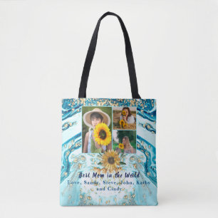 Best Mother Ever 3 Photo Collage Blue Marble Tote  Bag