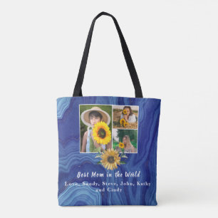 Best Mother Ever 3 Photo Collage Blue Marble Tote Bag