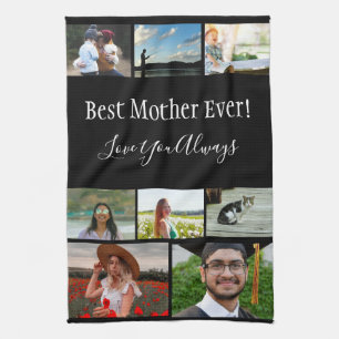 Best Mother Ever 8 Photo Collage White Script Tea Towel