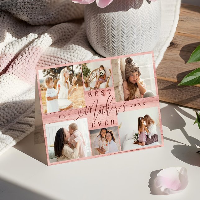 Best Mother Ever Photo Collage Pink Woodgrain  Card (Best Mother Ever Photo Collage Pink Woodgrain Card)