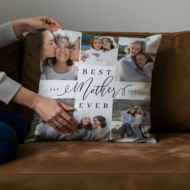Best Mother Ever Script Photo Collage Keepsake Cushion (Best Mother Ever Script Photo Collage Keepsake Throw Pillow)