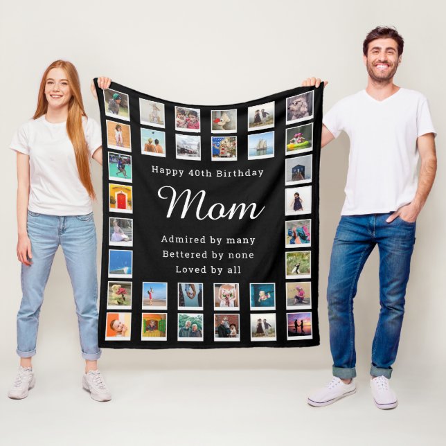 Best Mum 40th Birthday Photo Collage Black Fleece Blanket (In Situ)