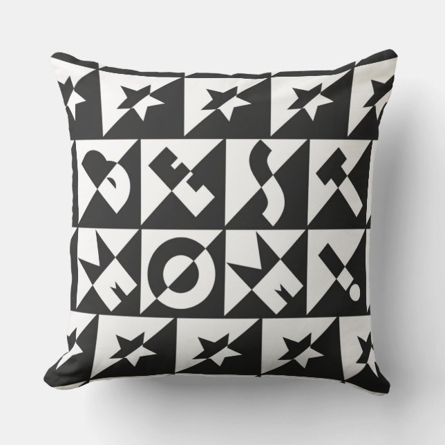 Best Mum Black with White Pattern and Stars Cushion (Front)