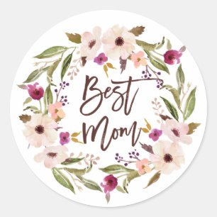 Best Mum   Bohemian Watercolor Floral Wreath Classic Round Sticker