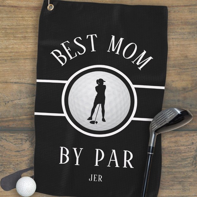 Best Mum By Par Golf Quote Monogram Black & White  Golf Towel (Best Mom By Par Golf Quote Custom Monogram Stylish Black & White Golf Towel For Her)