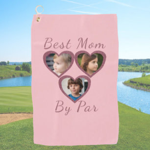Best Mum By Par Pink Hearts 3 Kids Photo Collage Golf Towel