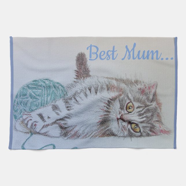 Best Mum Cute Cat drawing Art Kitchen Tea Towel (Horizontal)