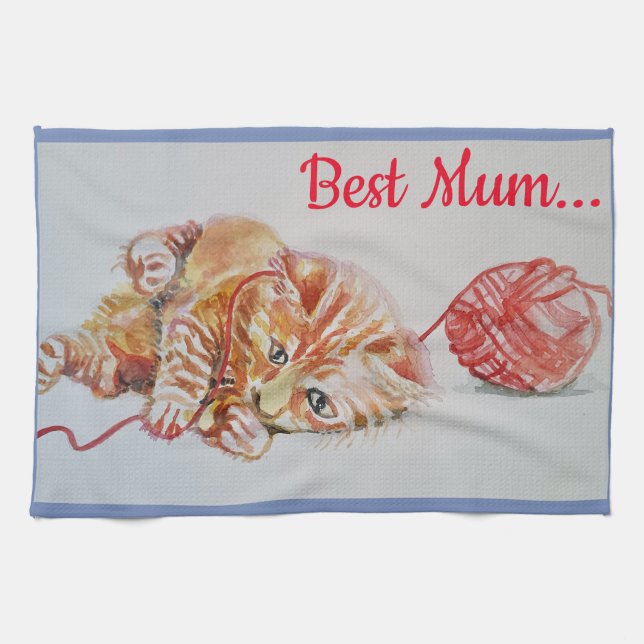 Best Mum Cute Cat drawing Art Kitchen Tea Towel (Horizontal)