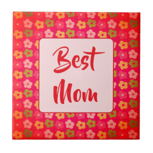Best Mum Cute Red Pink Floral Pattern Ceramic Tile