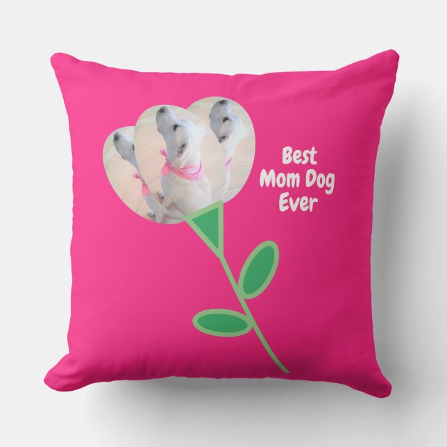 Best Mum Cute White Puppy Dog Flower Hot Pink  Cushion (Front)