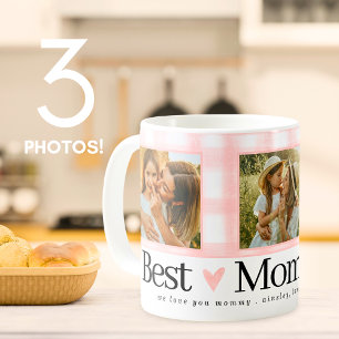 Best Mum Ever 3 Photo Mothers Day Gingham Hearts Coffee Mug